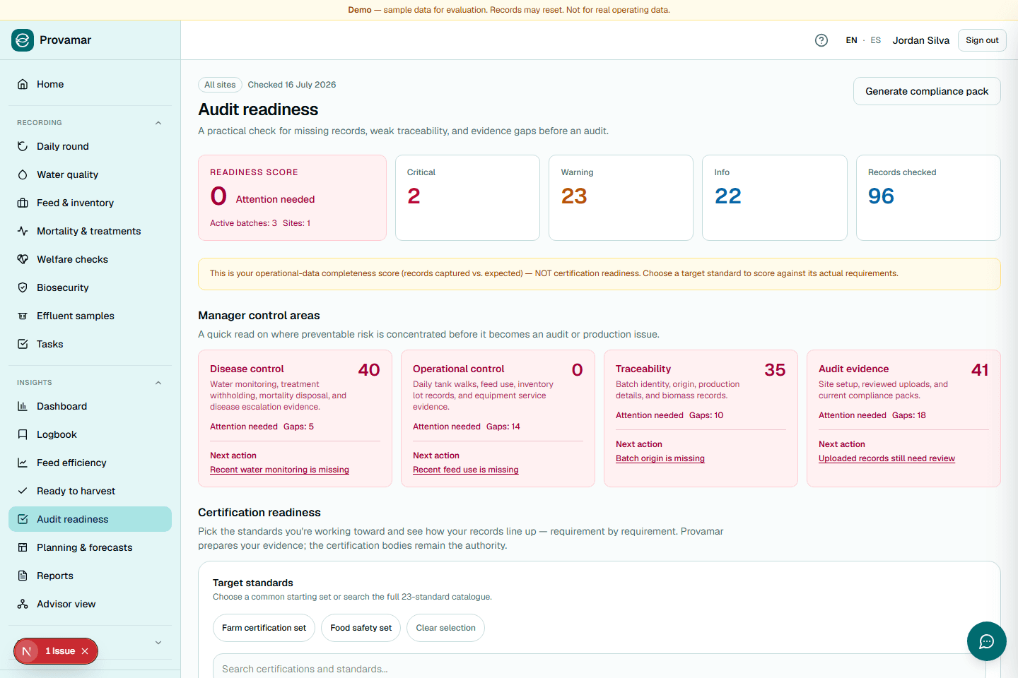 Provamar audit readiness page showing records checked, evidence gaps, and an explicit certification-readiness disclaimer.