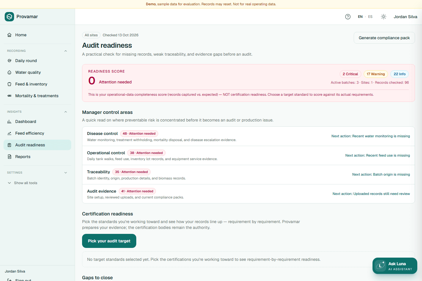 Provamar audit readiness page showing records checked, evidence gaps, and an explicit certification-readiness disclaimer.